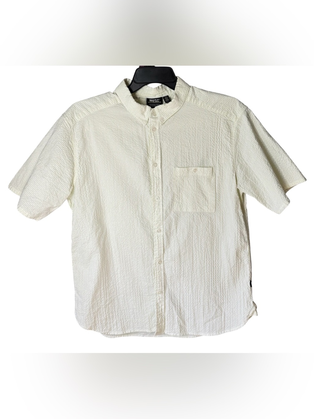 WeSC Men’s Oden Seersucker Lemon Yellow Stripes Short Sleeve Button Up Top Sz XL